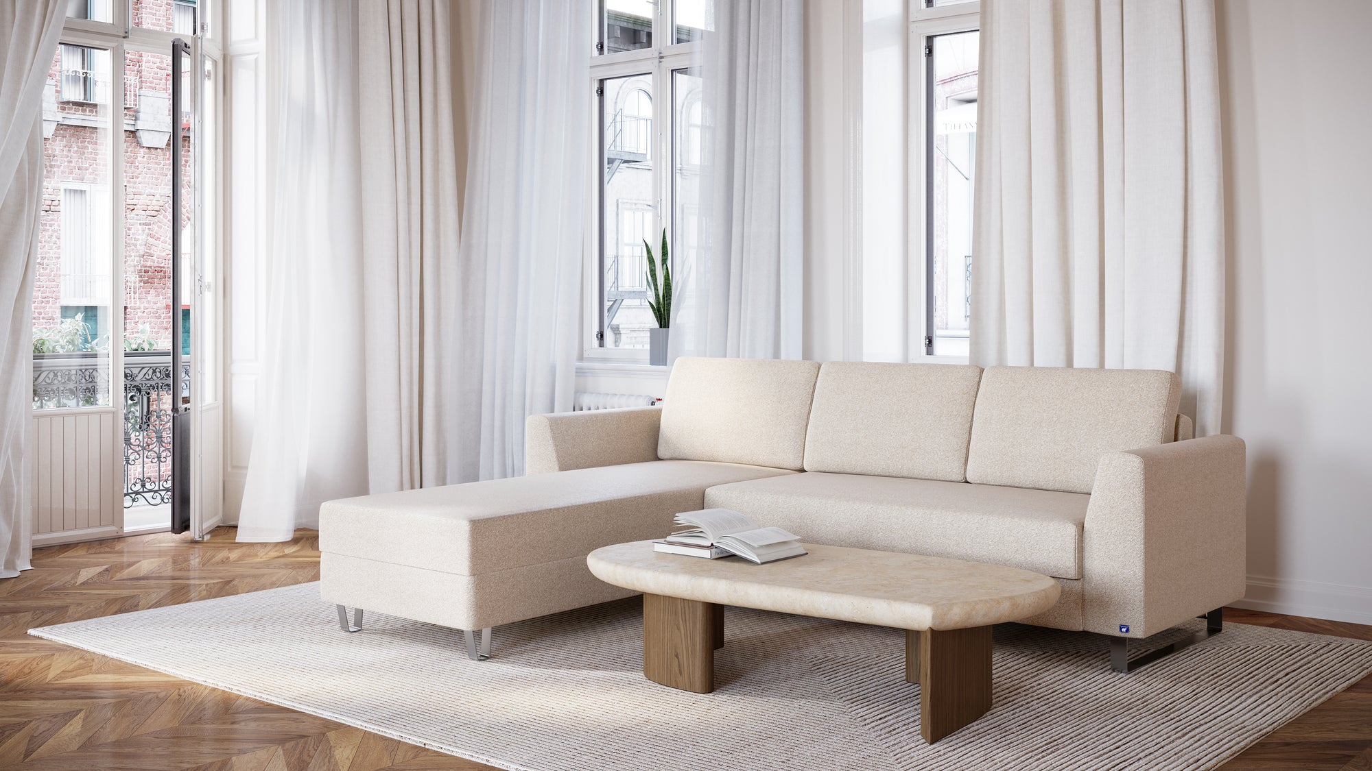 Schlafsofa von Bruno – 140 cm, in Glory Soft Beige, Klassik-Armlehnen, Metallfüße