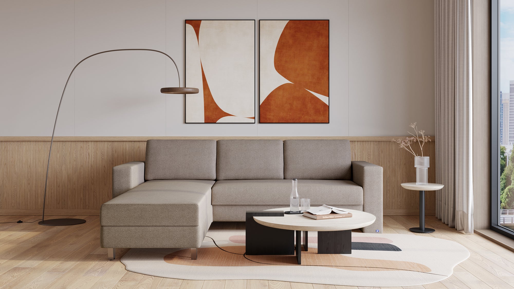 Schlafsofa von Bruno – 140 cm, in Glory Taupe, Kubus-Armlehnen