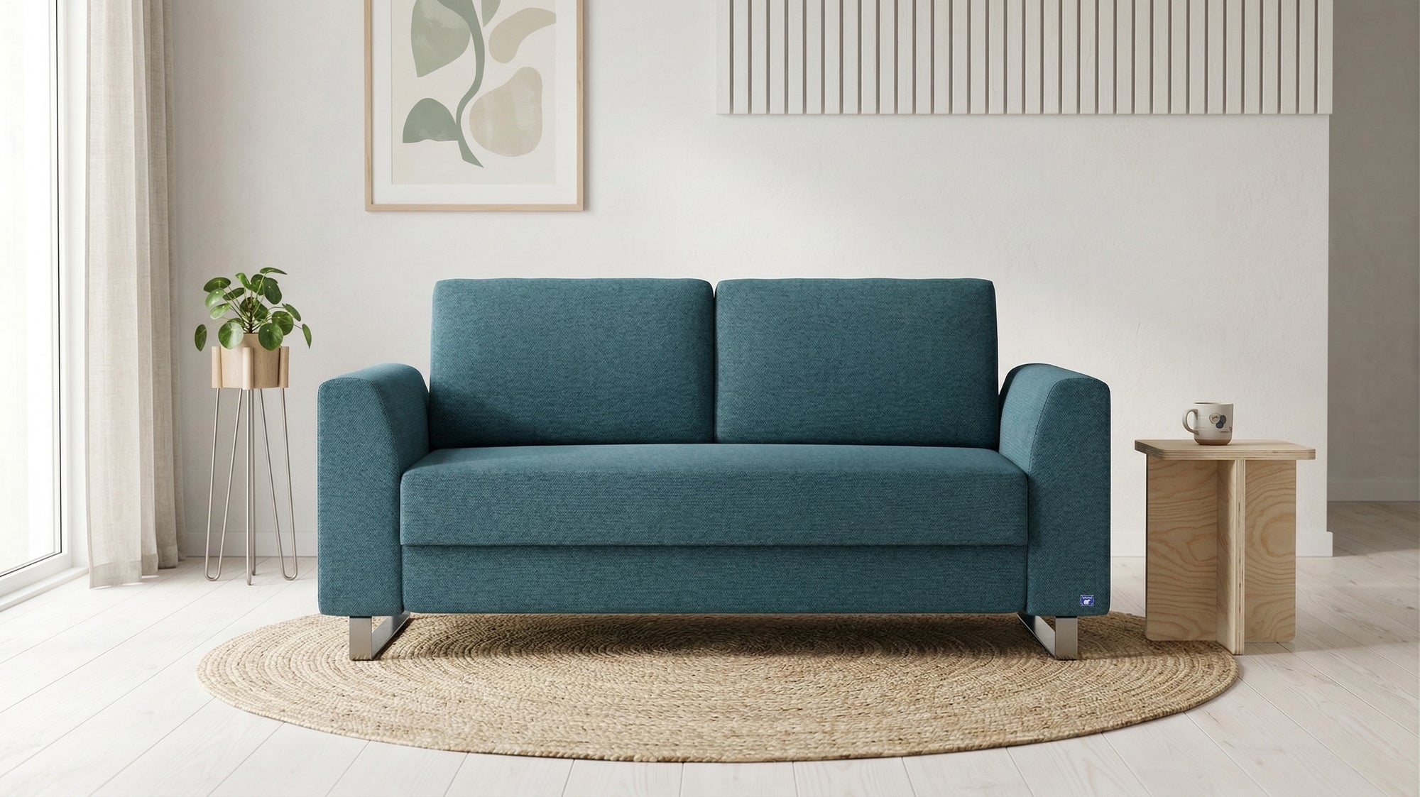 Schlafsofa von Bruno – 140 cm, in Türkis, Klassik-Armlehnen, Metallfüße