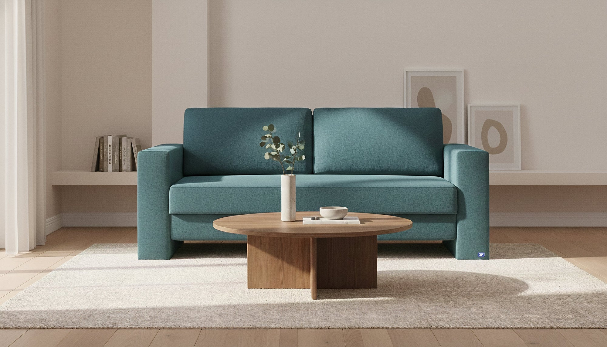 Schlafsofa von Bruno – 140 cm, in Türkis, Kubus-Armlehnen