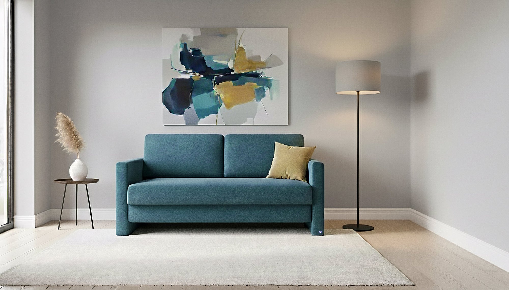 Schlafsofa von Bruno – 140 cm, in Türkis, schmale Armlehnen