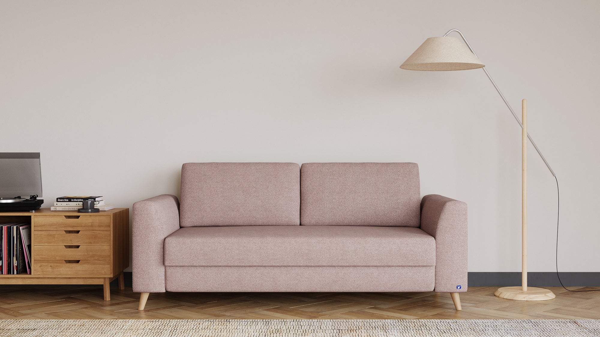 Schlafsofa von Bruno – 160 cm, in Glory Blush, Klassik-Armlehnen, Holzfüße