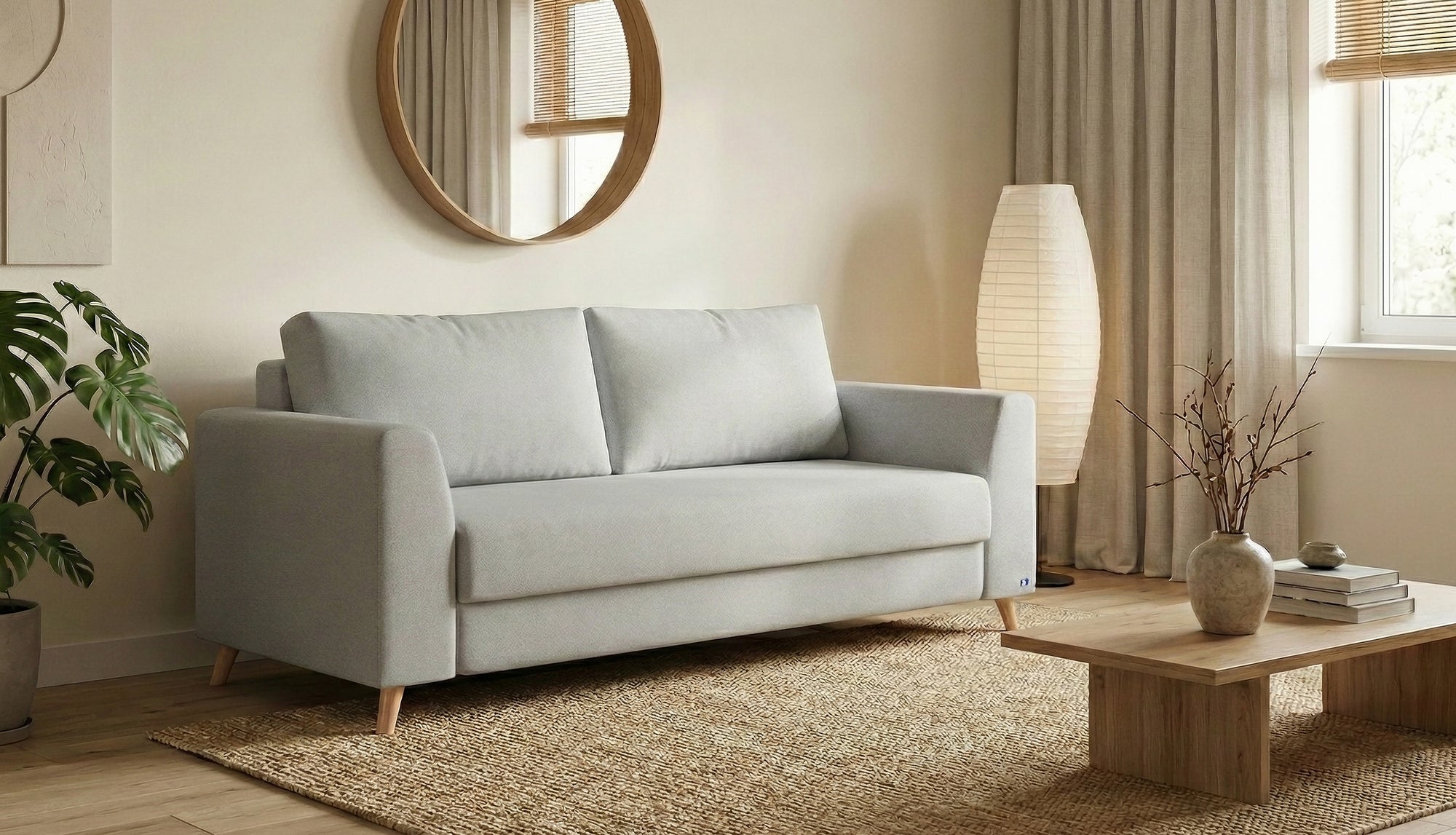 Schlafsofa von Bruno – 160 cm, in Hellgrau, Klassik-Armlehnen, Holzfüße