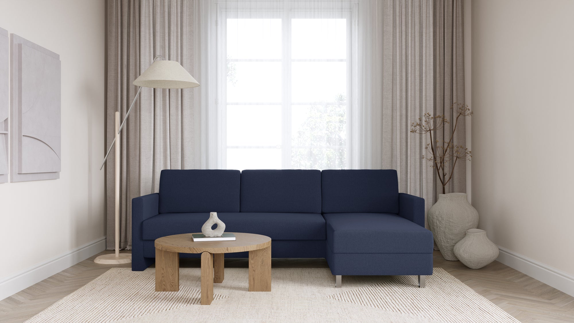 Schlafsofa von Bruno – 160 cm, in Blau, schmale Armlehnen