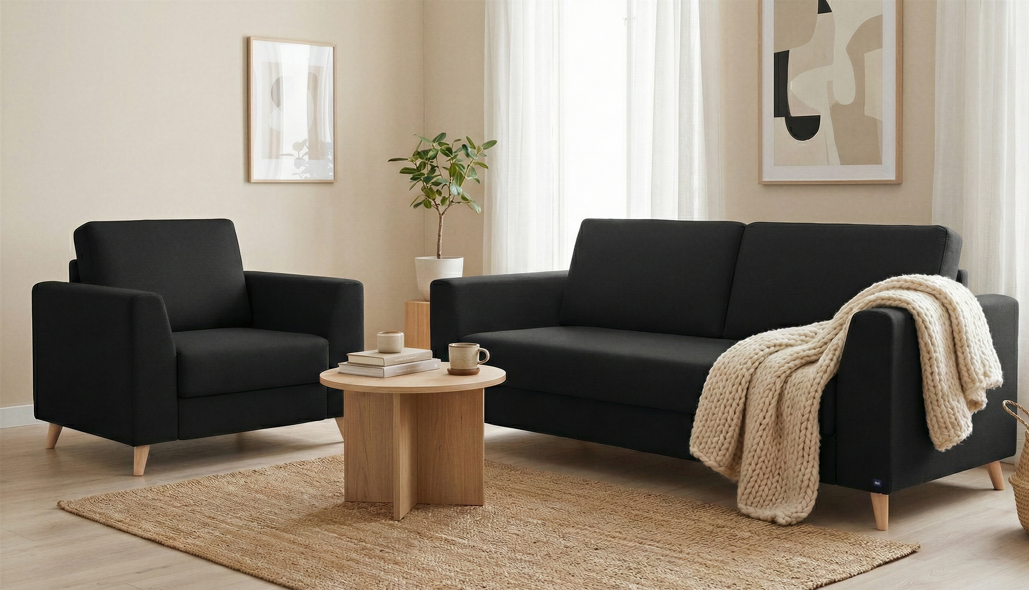 Schlafsofa von Bruno – in Anthrazit, Klassik-Armlehnen, Holzfüße