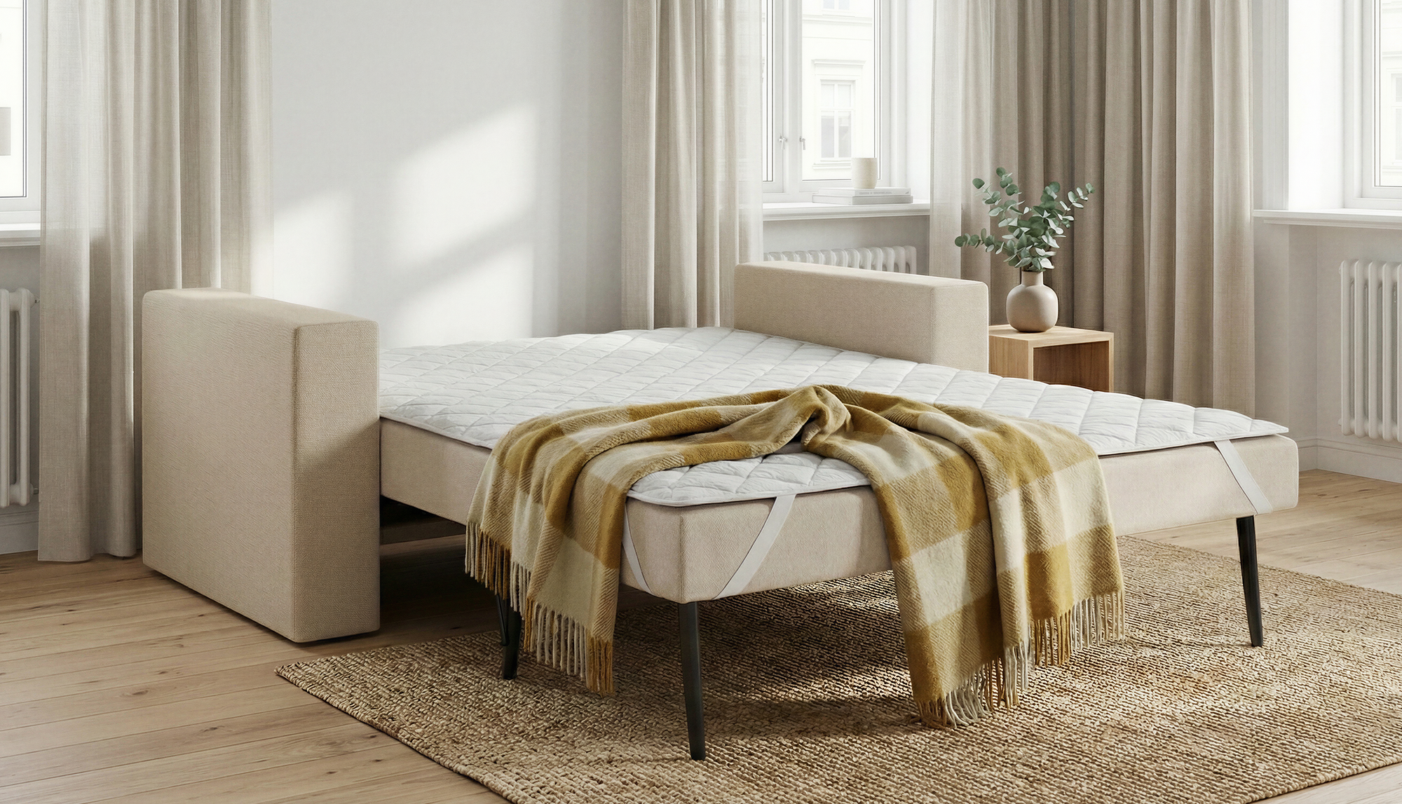 Schlafsofa von Bruno – in Beige, Kubus-Armlehnen