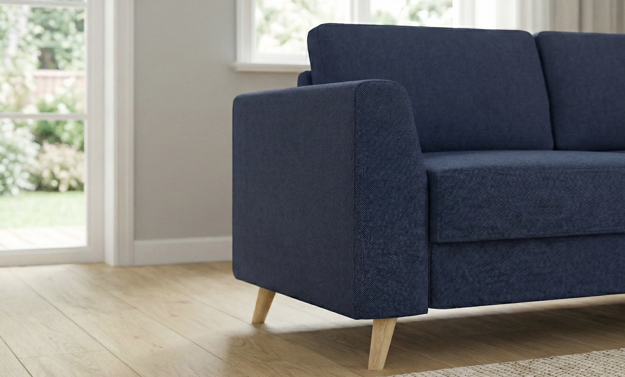 Schlafsofa von Bruno – in Blau, Klassik-Armlehnen, Holzfüße