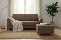 Schlafsofa von Bruno – 140 cm, in Braun, Klassik-Armlehnen, Holzfüße