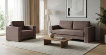 Schlafsofa von Bruno – 140 cm, in Braun, Kubus-Armlehnen