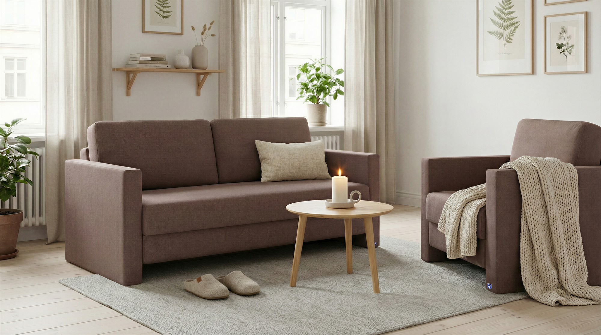 Schlafsofa von Bruno – in Braun, schmale Armlehnen