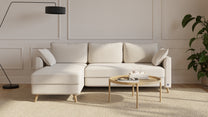 Bruno Ecksofa 140 cm in Glory Soft Beige mit Flow-Armlehnen und kurzer Recamiere links – Eckansicht