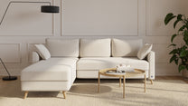 Bruno Ecksofa 140 cm in Glory Soft Beige mit Flow-Armlehnen und langer Recamiere links – Eckansicht