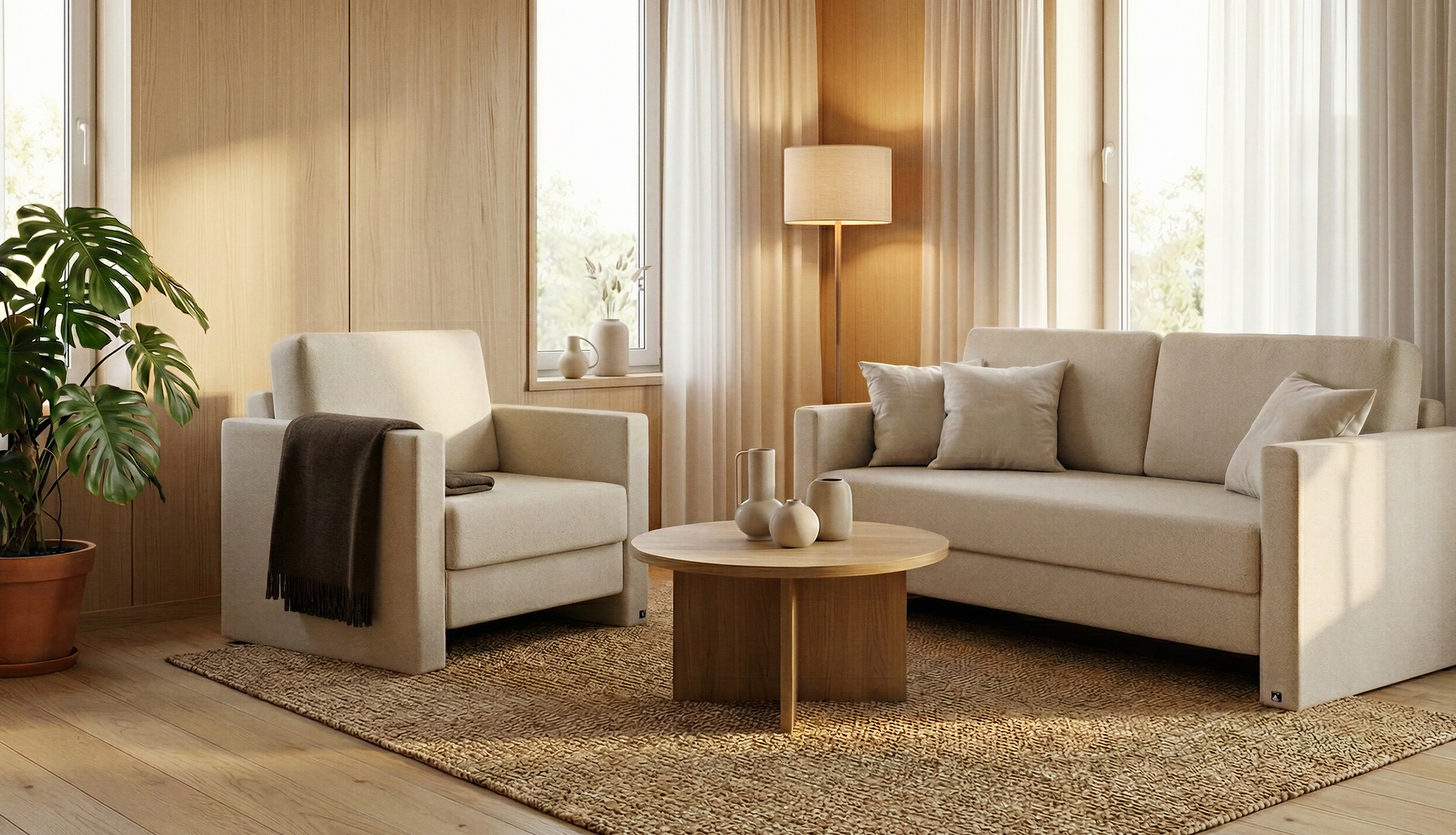 Schlafsofa von Bruno – in Glory Soft Beige, schmale Armlehnen
