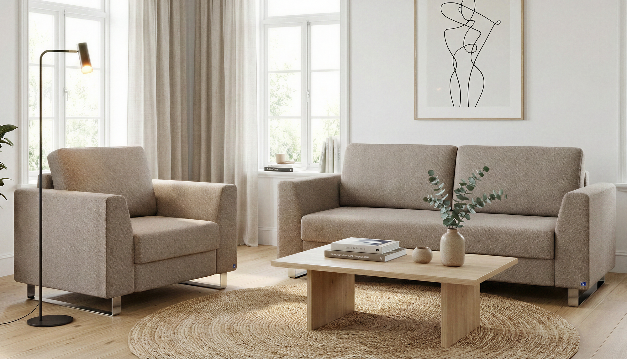 Schlafsofa von Bruno – 140 cm, in Glory Taupe, Klassik-Armlehnen, Metallfüße