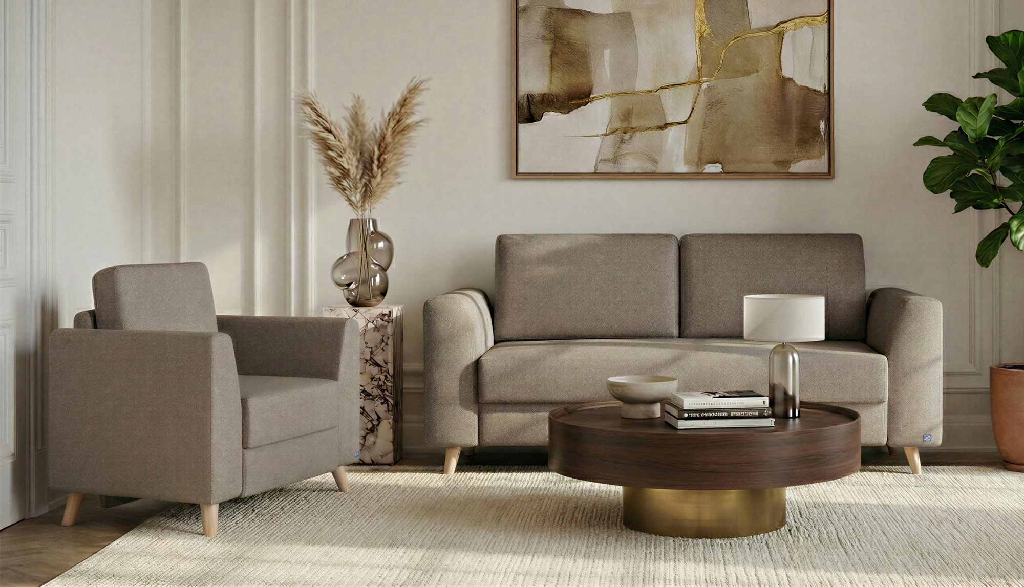 Schlafsofa von Bruno – 140 cm, in Glory Taupe, Klassik-Armlehnen, Holzfüße