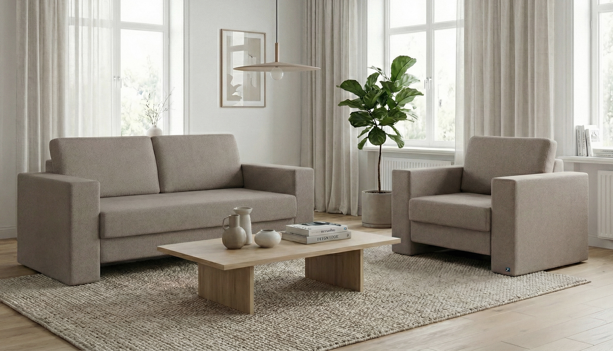 Schlafsofa von Bruno – 140 cm, in Glory Taupe, Kubus-Armlehnen