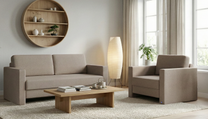 Schlafsofa von Bruno – in Glory Taupe, schmale Armlehnen