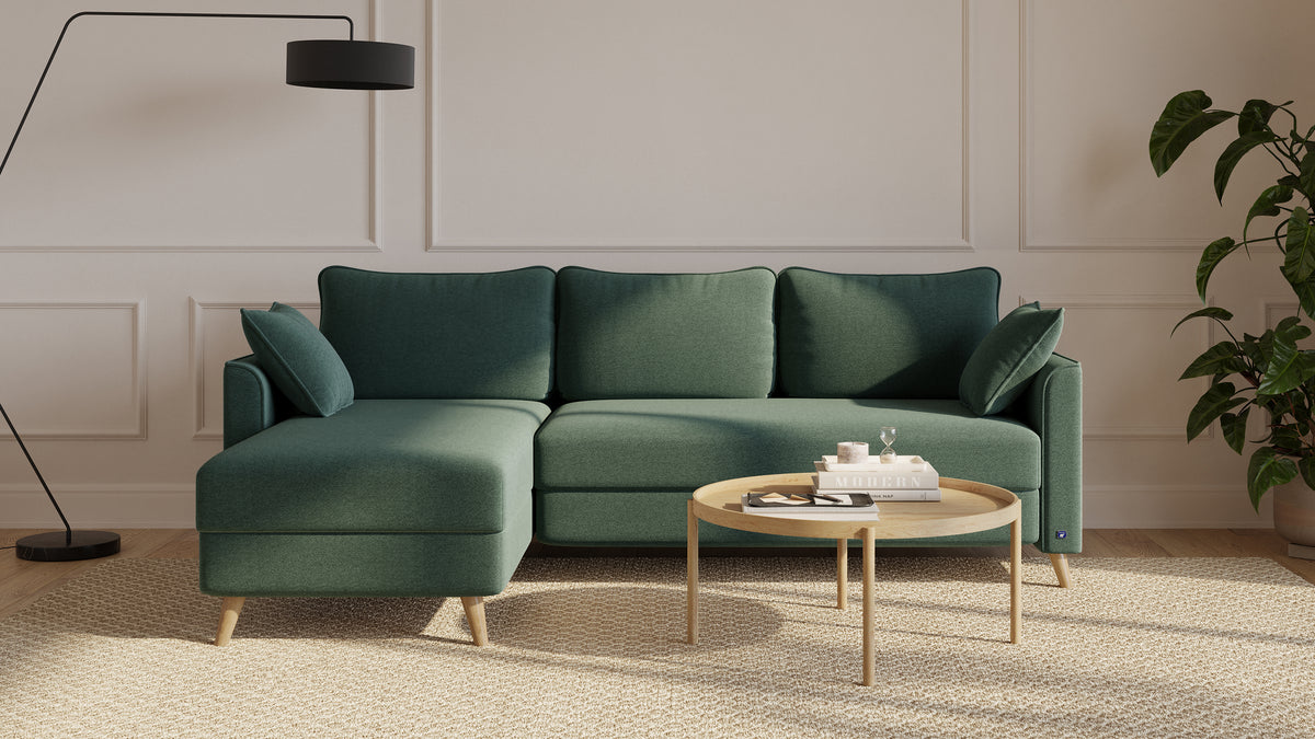 Bruno Ecksofa 140 cm in Grün mit Flow-Armlehnen und kurzer Recamiere links – Eckansicht