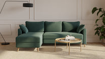 Bruno Ecksofa 140 cm in Grün mit Flow-Armlehnen und kurzer Recamiere links – Eckansicht