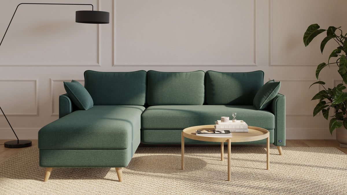 Bruno Ecksofa 140 cm in Grün mit Flow-Armlehnen und langer Recamiere links – Eckansicht