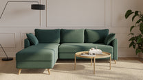 Bruno Ecksofa 140 cm in Grün mit Flow-Armlehnen und langer Recamiere links – Eckansicht
