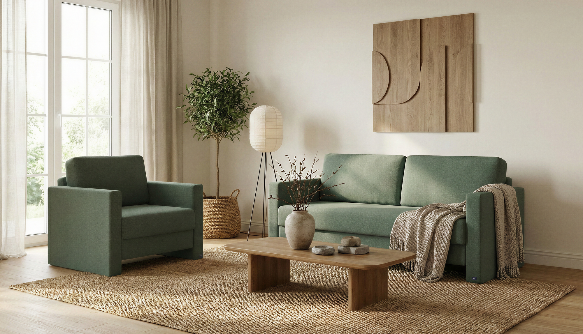 Schlafsofa von Bruno – in Grün, schmale Armlehnen