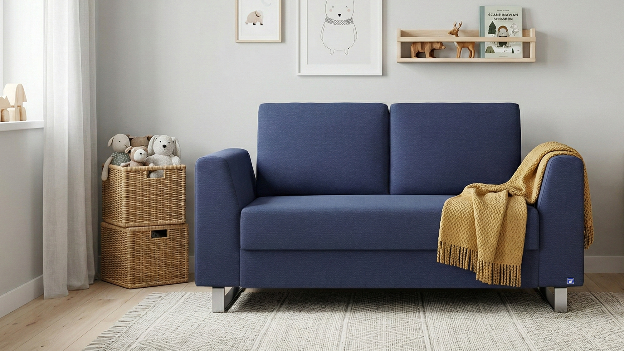 Schlafsofa von Bruno – 120 cm, in Blau, Klassik-Armlehnen, Metallfüße, Lifestyle-Ansicht