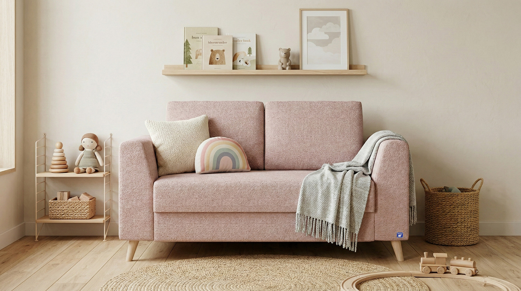 Schlafsofa von Bruno – 120 cm, in Glory Blush, Klassik-Armlehnen, Füße aus Buche natur, Lifestyle-Ansicht